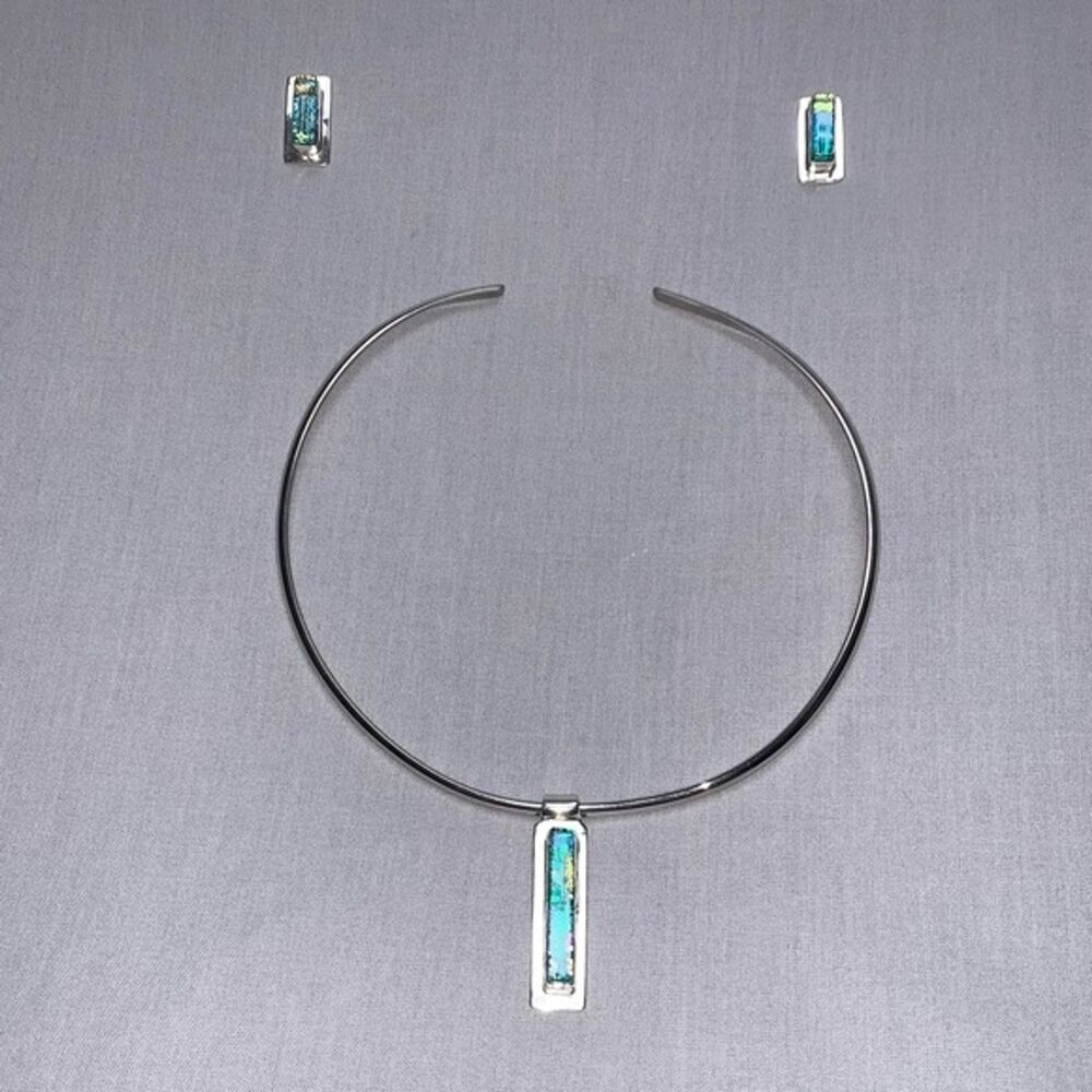 Handmade Artisan Boho Silver Dichroic Glass Jewelry Slide Cuff Necklace Earring